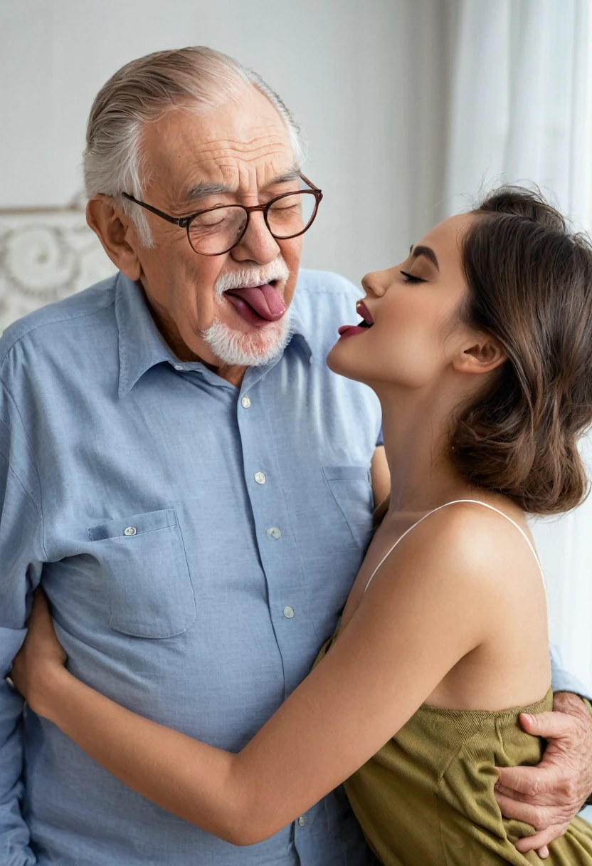 Grandpa is standing next to a beautiful young sexy woman, He hugs her and kisses her with his tongue..