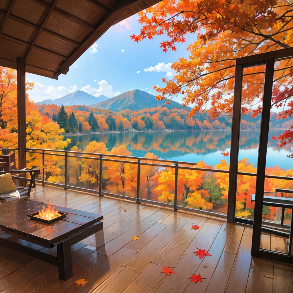 autumn season, in forest a beautiful resort, a loge cabin house , in front of beautiful lake, beautiful hills, fall foliage,