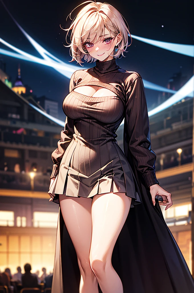 masterpiece, Highest quality, High resolution, His funeral, short hair, Hair Clip, Large Breasts, Sweater dress, No sleeve, night, street, Are standing, Cowboy Shot,