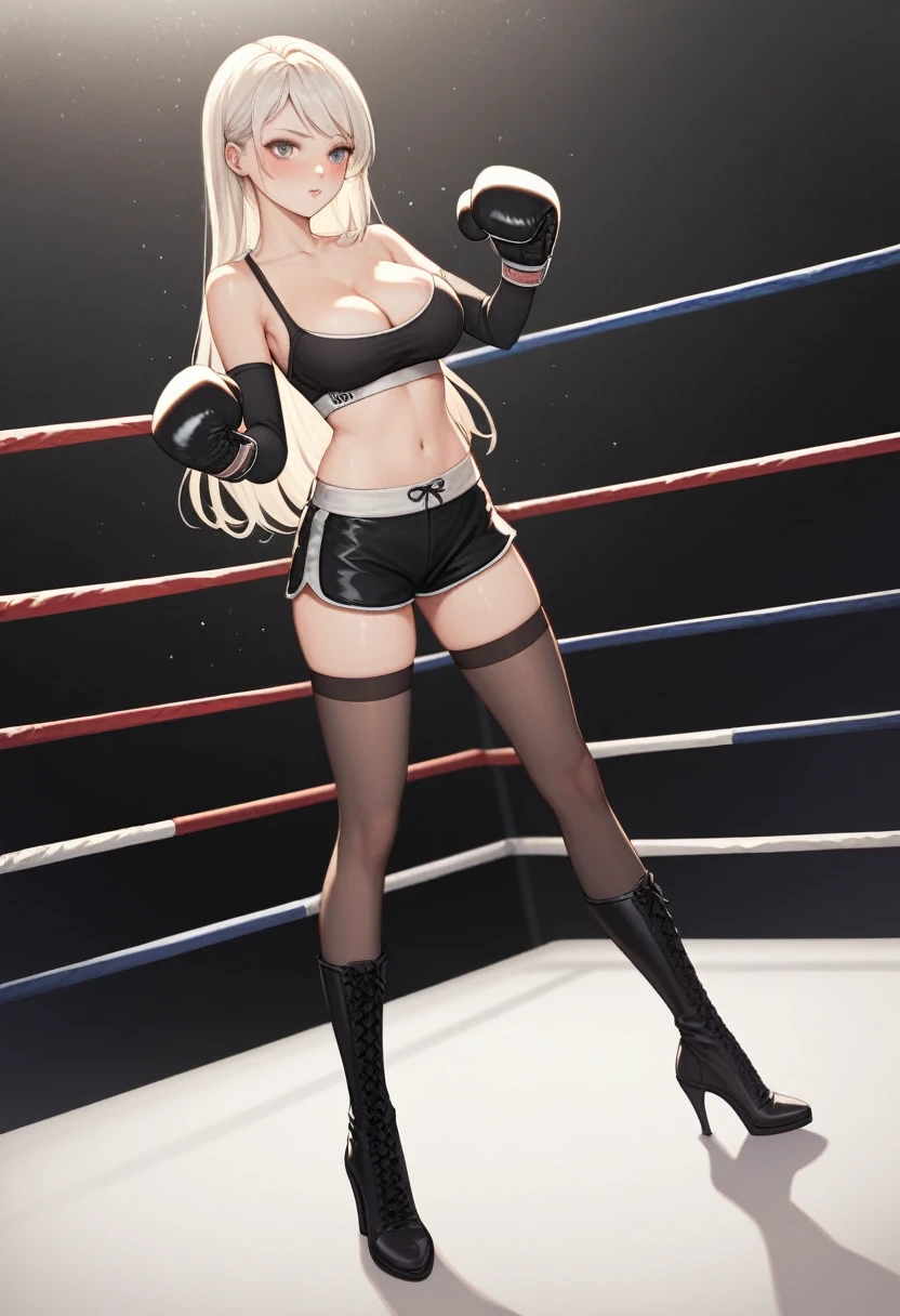 A slim beautiful girl,Good shape,Pretty Face,detailed picture, blush,White long hair,Wearing a strapless sports bra,Four-corner shorts,Black garter stockings,high-heel boots,Wearing black boxing gloves,Wearing black sleeves,Perform standing boxing moves alone in the boxing ring,Large Breasts,Cleavage,Thin legs,nipple,