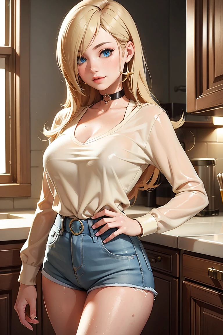Beautiful round medium breasts, 1girl, ((Blonder hair, Beautiful straight hair, Hair parted on the right side)) ((Girl, cute girl face)) light azuis eyes, has an beautiful sensual body with freckles, with full breasts and thin waist, HIP HOP Beautiful and cute denim shorts, garter belt, choker, long sleeve blouse, tight, fabric delicate, has a bold appearance. young, quality, realistic, best quality, cute expression, pink lipstick lips, Cute smile, In the kitchen, in a pose