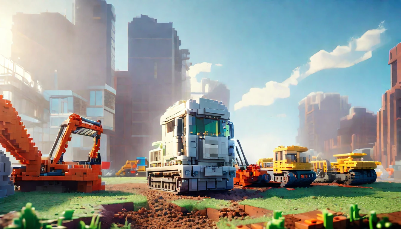 vig lego bricks, there are many construction equipment that are on the grass, construction, construction yard, construction site, groundbreaking, Realistic Scene, 2 0 2 2 photo, robot in construction, photo rendering, um hyperrealisti, publicity photo, transportation design rendering, Digital rendering, muita construction, big tubes, hyperrealisti, hyperrealisti, highly photographic rendering