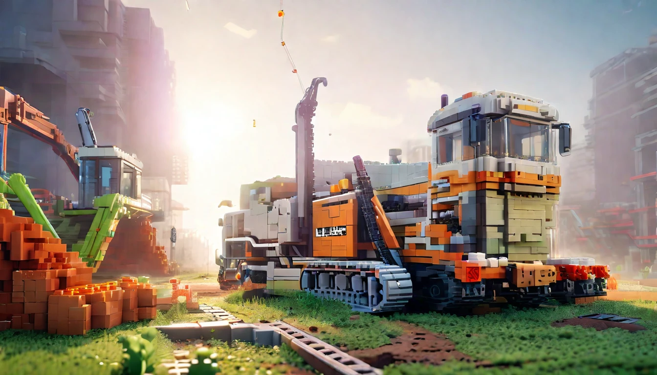 vig lego bricks, there are many construction equipment that are on the grass, construction, construction yard, construction site, groundbreaking, Realistic Scene, 2 0 2 2 photo, robot in construction, photo rendering, um hyperrealisti, publicity photo, transportation design rendering, Digital rendering, muita construction, big tubes, hyperrealisti, hyperrealisti, highly photographic rendering