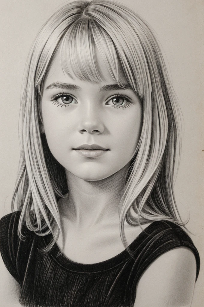 Vintage drawing of 12 year old blonde girl in black and white