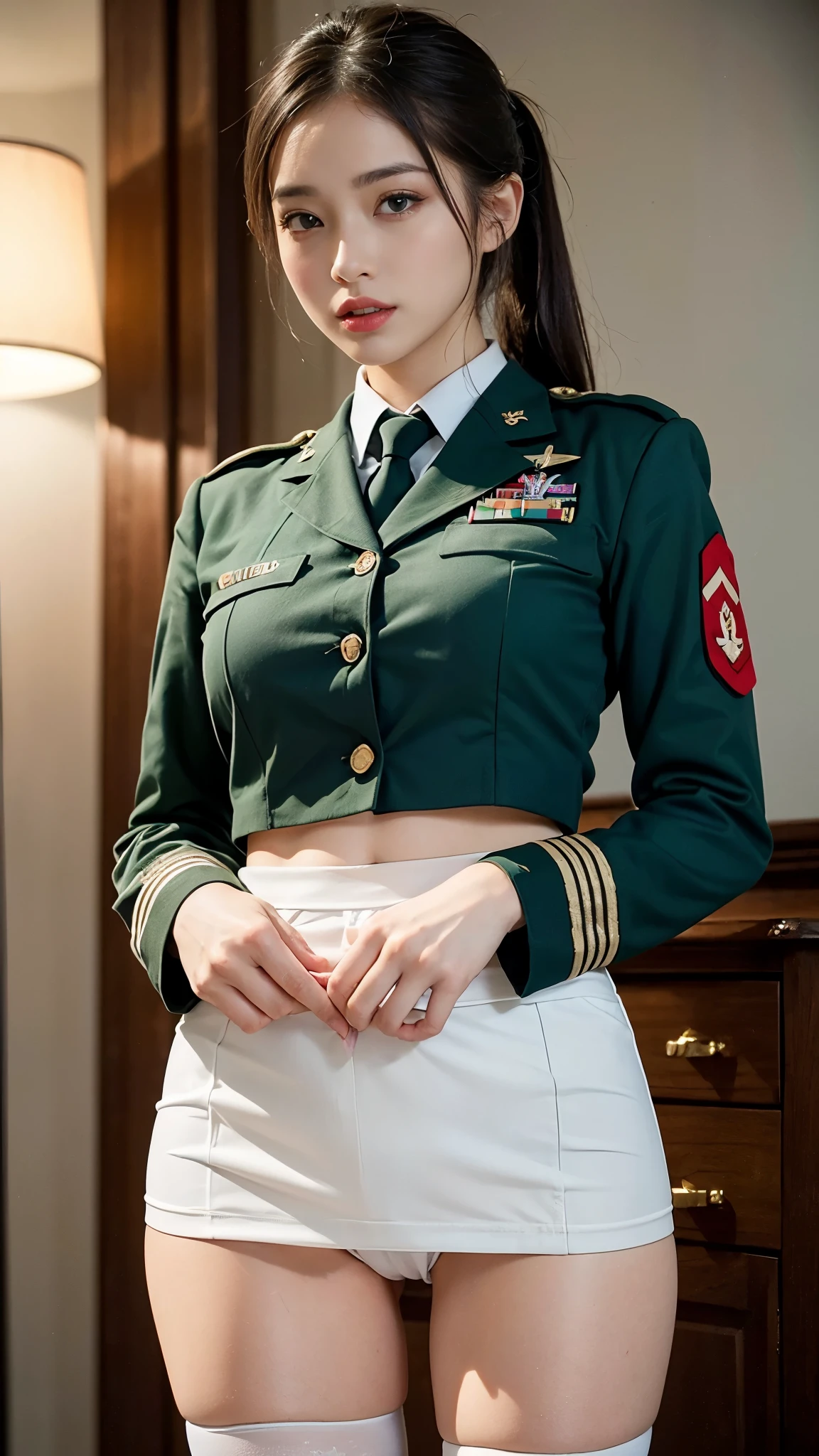 (Military girl: 1.5), highest quality、16K high resolution、Super detailed、masterpiece、Live shooting、realistic:1.4、hyper realism:1.4、sharp focus、very delicate and beautiful、small details、1 female、(european:1.2)、(from below)、(showing panties: 1.3)、(white panties:1.3)、(Cameltoe: 1.2)、 (standing, front)、(super beautiful)、(beautiful face:1.5)、(ponytail, stockings)、(detailed face)、(fine and beautiful eyes)、Perfect round eyes、(detailed lips)、Lipstick、(eyeliner)、mascara、eye shadow、(military uniform, green pencil skirt: 1.3)、white shirt、green suit, tie、At SFW