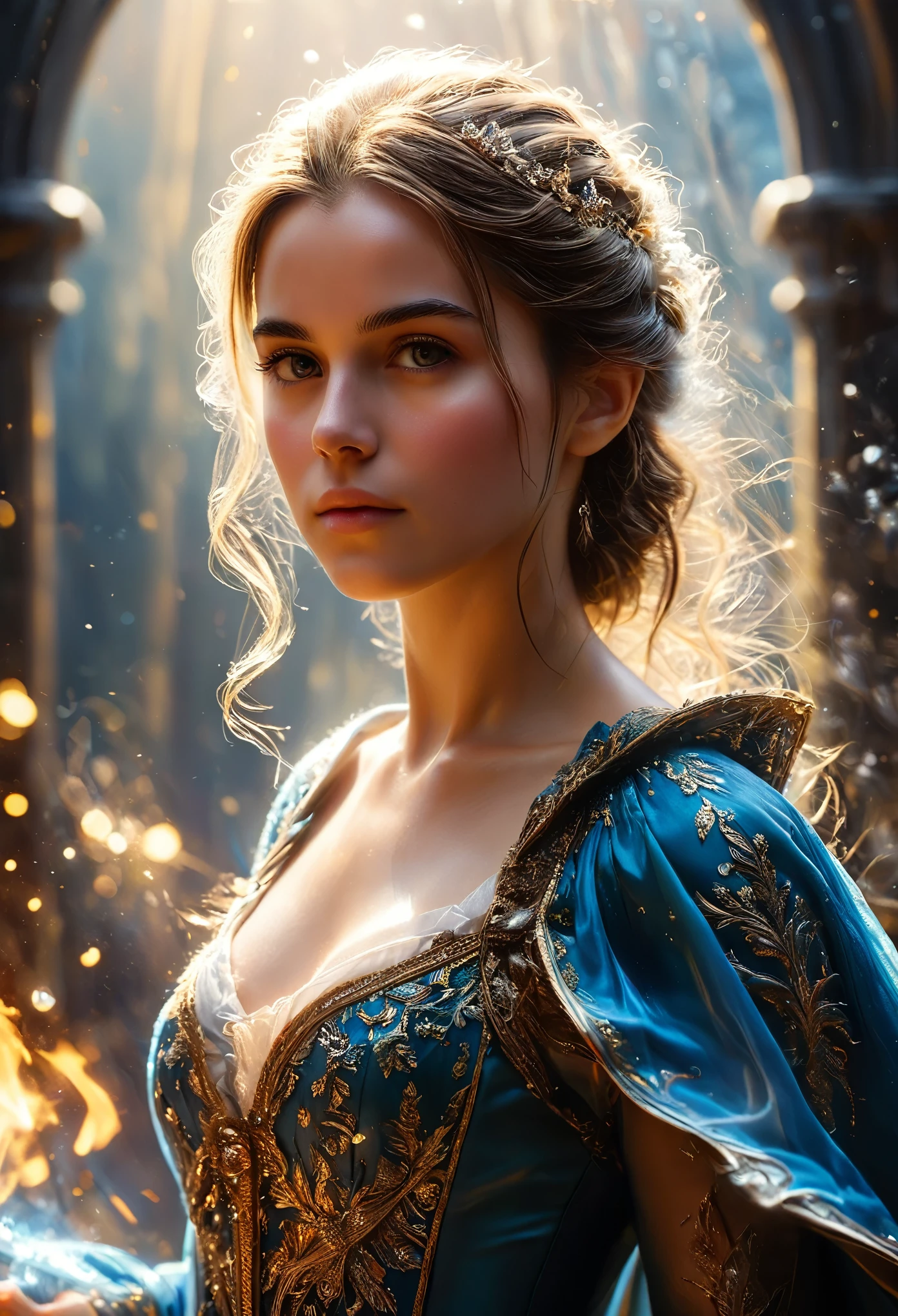 A handsome woman wearing a mage's robe, (detailed portrait of Emma Watson as an Icemancer:0.65), fantasy art by Seb McKinnon, intricate magical details, trending on ArtStation, magical environment, cinematic lighting, rich saturated colors, dramatic pose