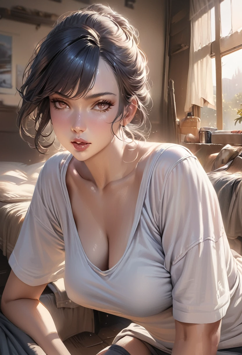 Arab asian woman in white shirt sitting on bed, wearing Tight shirt, Tight shirt, Japanese Model, Shot with a Canon 5D MK4, Realistic young gravure idol, Shot with Sony A7R camera, Yoshitomo Nara, Wearing a white shirt, Beautiful Japanese girl face, Beautiful Asian Girl