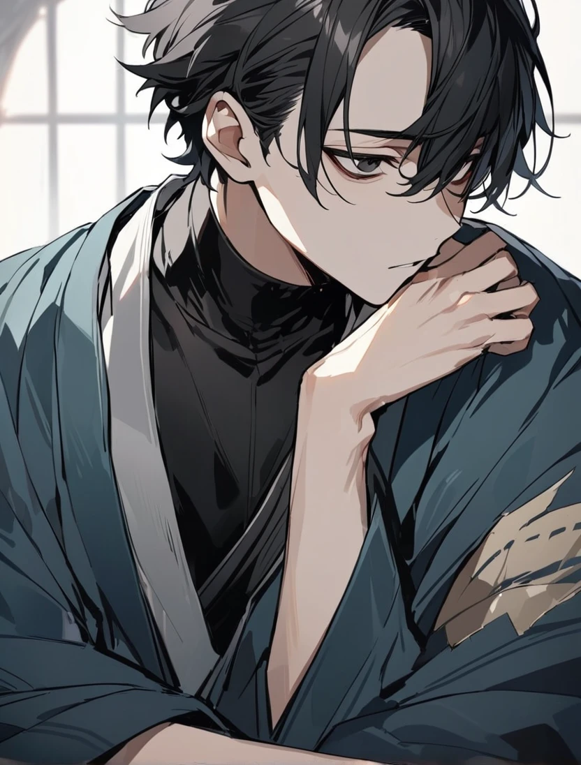 (black_hair), (short_hair), (deep_black_eyes), (Handsome), (Attractive), (male), (black_colored_Haori), (detailed_Hair), (detailed), (detailed_mouth), (r), (dark_under_eyes), (no_outer_kimono)