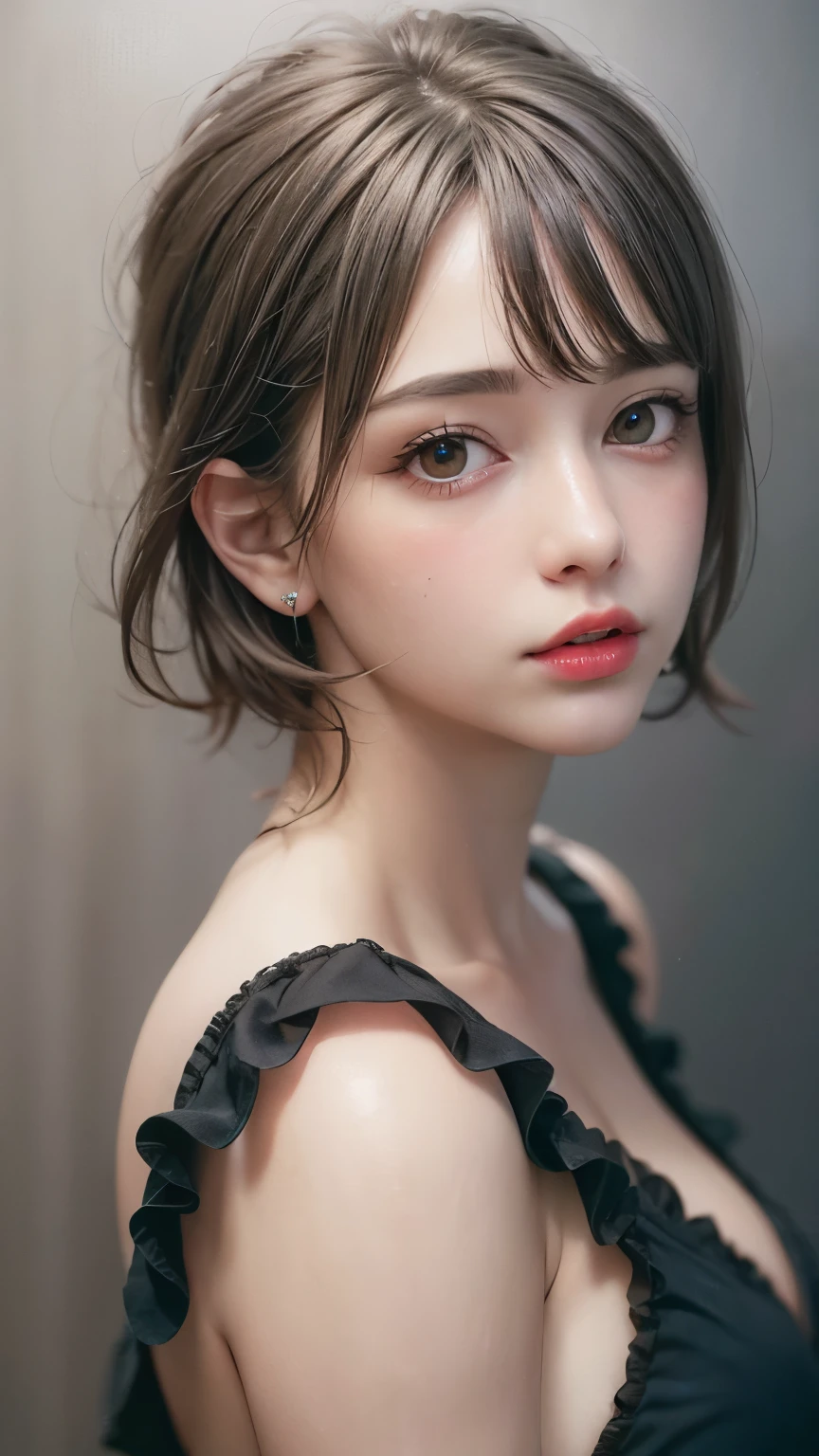 Masterpiece hyperrealist & Photorealistic beautiful girl, Realistic Skin (Pore-filled skin) Short Bob Cut Hair, Realistic red lips,Punk Girl, (head shot:1.5),Shorts