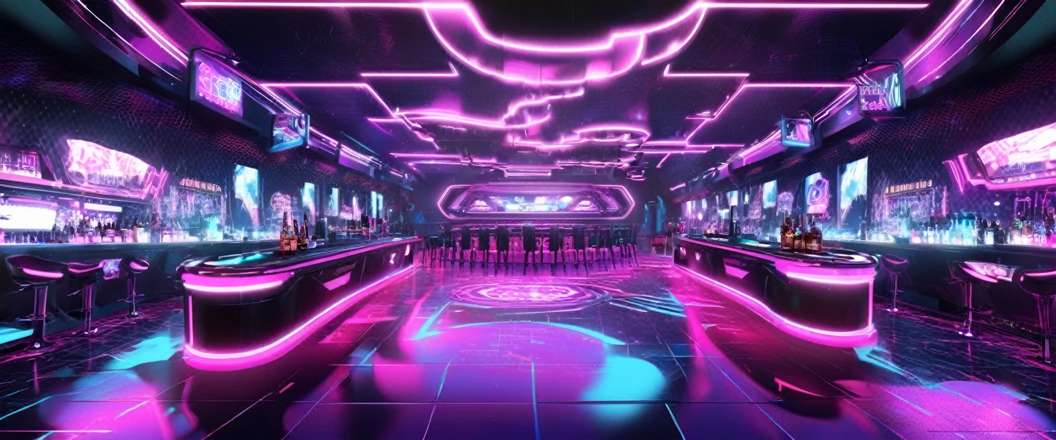 Illustration of a bar with lots of pink lights, Nightclub dancing inspired, ibiza Nightclub dancing inspired, cyberpunk Nightclub, sci-fi Nightclub, Nightclub, Nightclubs and neons, Nightclub, Futuristic Background, futuristic casino, 3D Rendering, neon accent lighting, Various lighting atmospheres, Magenta lighting. fantasy, Futuristic decoration, cyberpunk strip clubs