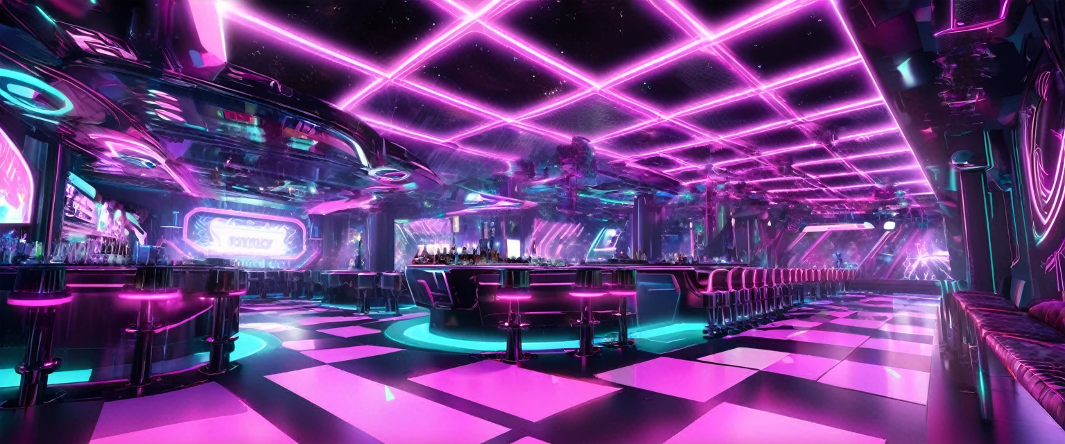 Illustration of a bar with lots of pink lights, Nightclub dancing inspired, ibiza Nightclub dancing inspired, cyberpunk Nightclub, sci-fi Nightclub, Nightclub, Nightclubs and neons, Nightclub, Futuristic Background, futuristic casino, 3D Rendering, neon accent lighting, Various lighting atmospheres, Magenta lighting. fantasy, Futuristic decoration, cyberpunk strip clubs