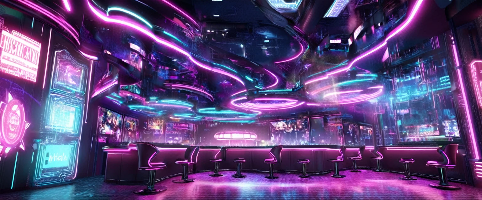 Illustration of a bar with lots of pink lights, Nightclub dancing inspired, ibiza Nightclub dancing inspired, cyberpunk Nightclub, sci-fi Nightclub, Nightclub, Nightclubs and neons, Nightclub, Futuristic Background, futuristic casino, 3D Rendering, neon accent lighting, Various lighting atmospheres, Magenta lighting. fantasy, Futuristic decoration, cyberpunk strip clubs