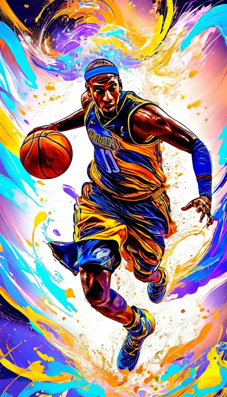 powerful, Professional basketball player&#39;s game-winning slam dunk, Mid-air, The expression is nervous, Basketball court background, Dramatic Lighting, Action Shots, Muscular body, Sportswear, Dynamic Movement, Courtroom floor reflection, Crowd cheering