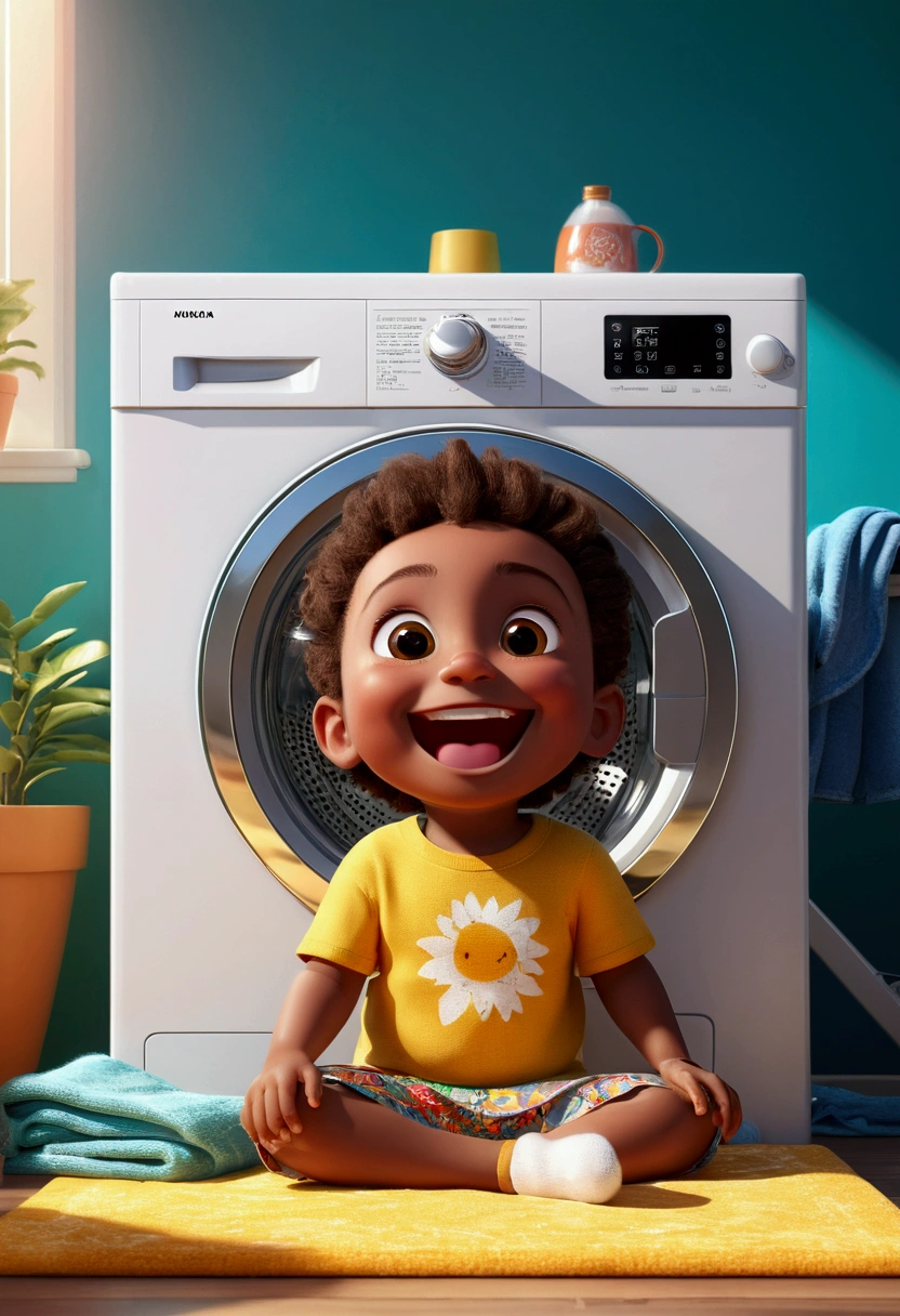 (design of character),Sun with enthusiasm and joy while in the background is a washing machine, smiling, big shiny eyes, Fantastic,Eccentric,beautiful day, super detailing, pixel style, vibrant with colors, soft natural light, solid color backdrop, 5-octane rendering, a gorgeous, Ultra Wide Angle, 8k, high realism, 8k