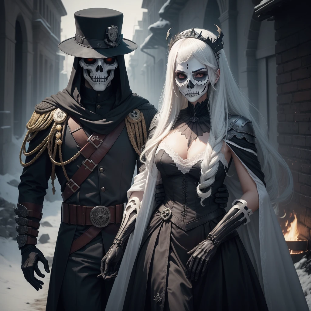 Man Wearing Skeleton Mask, Commander outfit, war, with beautiful woman, ghost woman, pretty woman , goth outfit