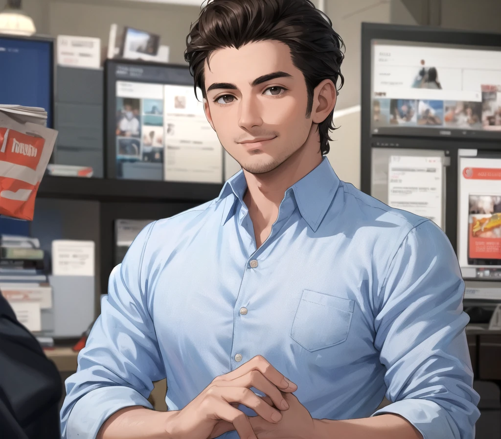 Create a realistic photo of a USA man named Edward Vazquez, who is a professional blogger. He is in his early 30s, with short, neatly styled dark brown hair and light stubble. He has a warm, approachable expression with a confident smile. His attire is business casual, featuring a crisp, light blue button-down shirt. The background is neutral and blurred to focus on his face, reflecting his professionalism and dedication to delivering insightful news content.