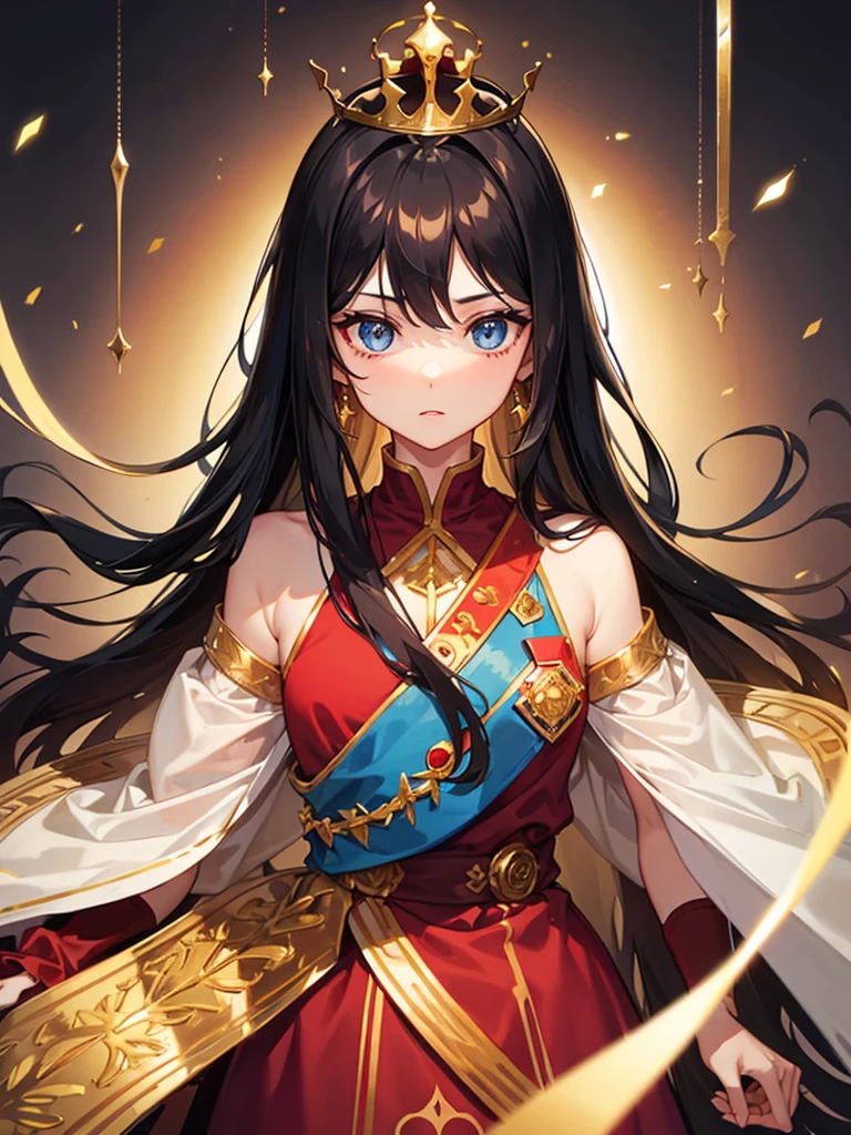 Long black hair
Blue eyes
Long, red and gold dress
Light-skinned
With a crown