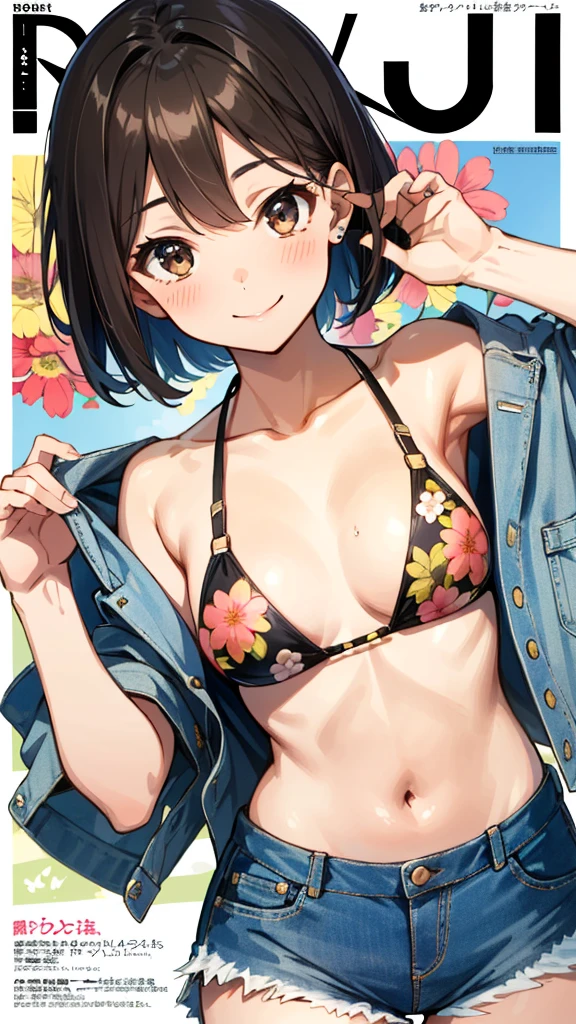 Highly detailed, vibrant color, detailed skin, detailed fabric, detailed eyes. Brown haired young woman, beautiful, gorgeous, mature, bob hair, brown eyes, small to medium breasts, smiling, floral bikini, denim shorts, denim overall, Tokyo, gravure magazine cover, write "Chizuru" as the magazine title