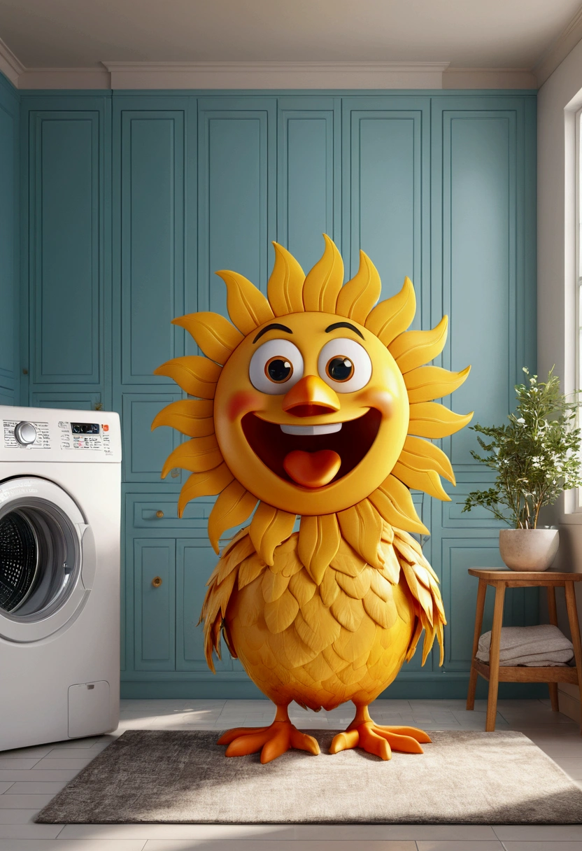 (design of character），Sun with enthusiasm and joy while standing in front of a washing machine, anthropomorphic sun, Mattresses are chickens, smiling, big shiny eyes, Fantastic，Eccentric，similar to a fairy tale, super detailing, pixel style, vibrant with colors, soft natural light, solid color backdrop, 5-octane rendering, a gorgeous, Ultra Wide Angle, 8k, high realism, 8k