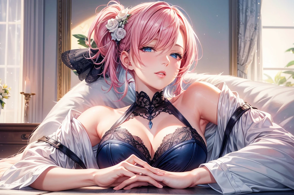portrait, realistic, elegant mature woman, blue eyes, pink hair, swept-side bang, 4k resolution, high quality cg, beautiful cg, soft light