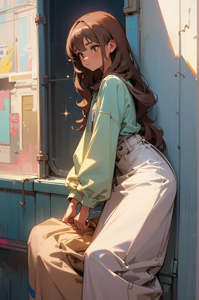 (masterpiece, best quality) detailed, 1Character, blue archive art style, pastel washed out colors, cell shade, soft, muted shades, gentle colors, Fashion ad, urban environment, big city, bohemian style clothing, often splattered with paint, cute girl, short height, 5'2", brown hair, very long hair, curly hair, hazel eyes that sparkle with creativity, tanned skin, skinny, delicate, feminine, age 16, high schooler