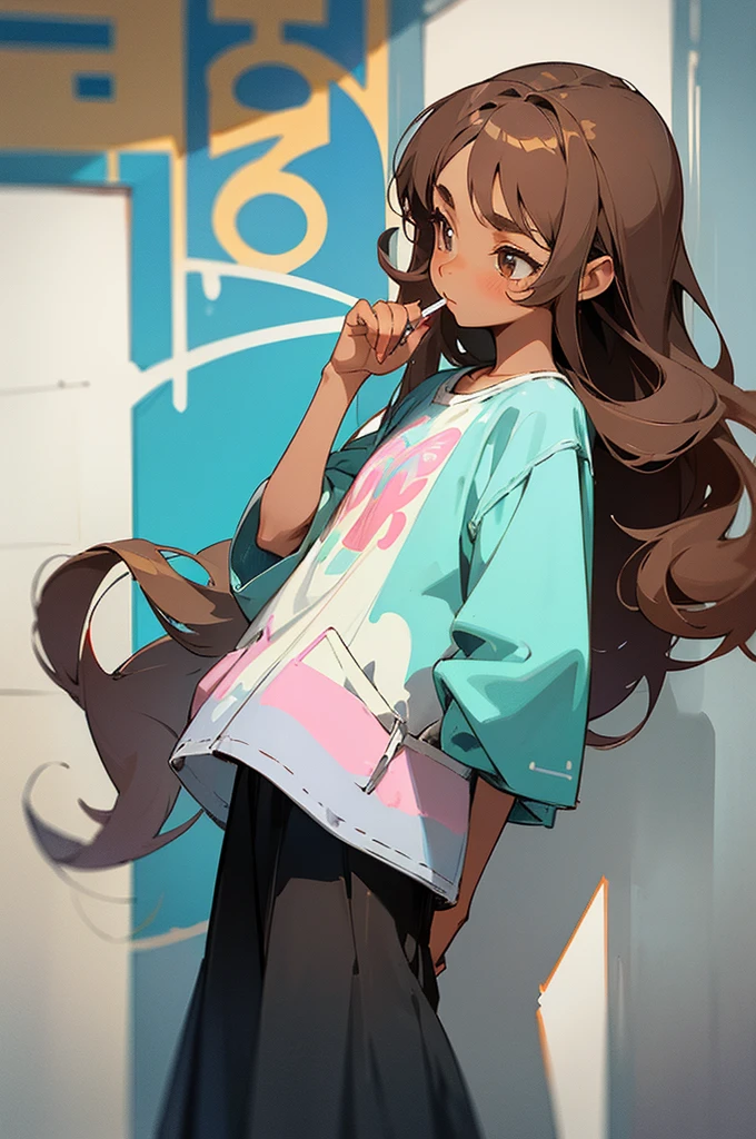 (masterpiece, best quality) detailed, 1Character, blue archive art style, pastel washed out colors, cell shade, soft, muted shades, gentle colors, Fashion ad, urban environment, big city, bohemian style clothing, often splattered with paint, cute girl, short height, 5'2", brown hair, very long hair, curly hair, hazel eyes that sparkle with creativity, tanned skin, skinny, delicate, feminine, age 16, high schooler