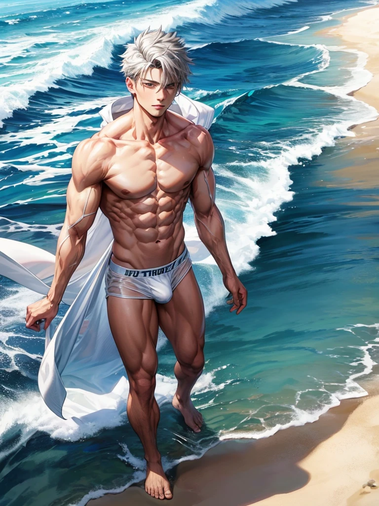 bishonen man 5'9 feet, masculine, slim, with short grey mullet hair, shirtless, tight fitted white sheer speedo with defined outline. make his bulge and skin tone visible through the sheer brief. flying 50 feet above a beach