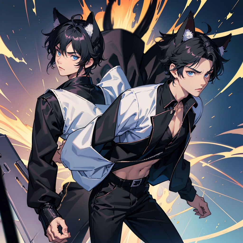 1cat boy, anime cat boy with black cat ears black hair and black pants and a black jacket, blue eyes, city, absurdres, high res, ultrasharp, 8K, masterpiece, looking at viewer