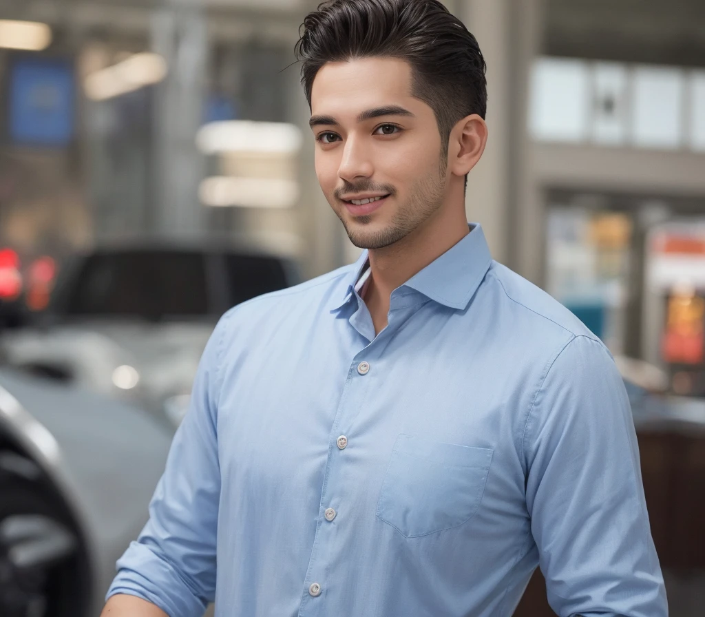 Create a realistic photo of a USA man named Edward Vazquez, who is a professional blogger. He is in his early 30s, with short, neatly styled dark brown hair and light stubble. He has a warm, approachable expression with a confident smile. His attire is business casual, featuring a crisp, light blue button-down shirt. The background is neutral and blurred to focus on his face, reflecting his professionalism and dedication to delivering insightful news content.