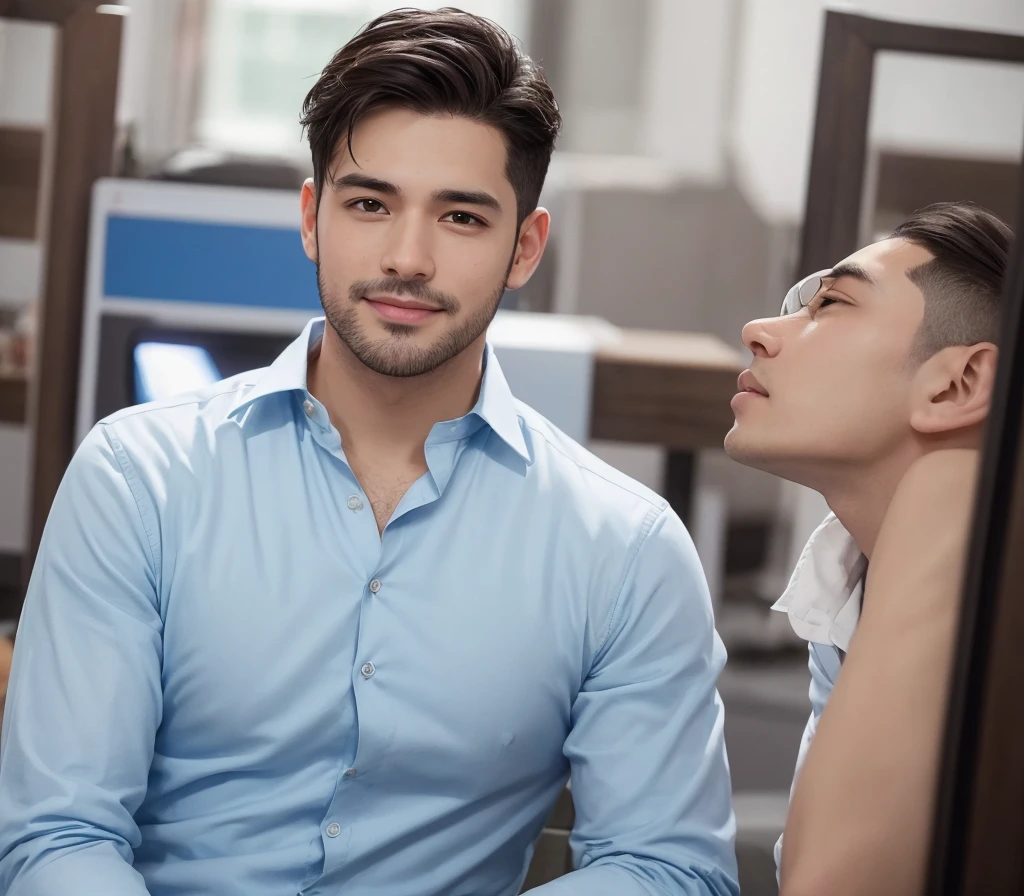 Create a realistic photo of a USA man named Edward Vazquez, who is a professional blogger. He is in his early 30s, with short, neatly styled dark brown hair and light stubble. He has a warm, approachable expression with a confident smile. His attire is business casual, featuring a crisp, light blue button-down shirt. The background is neutral and blurred to focus on his face, reflecting his professionalism and dedication to delivering insightful news content.