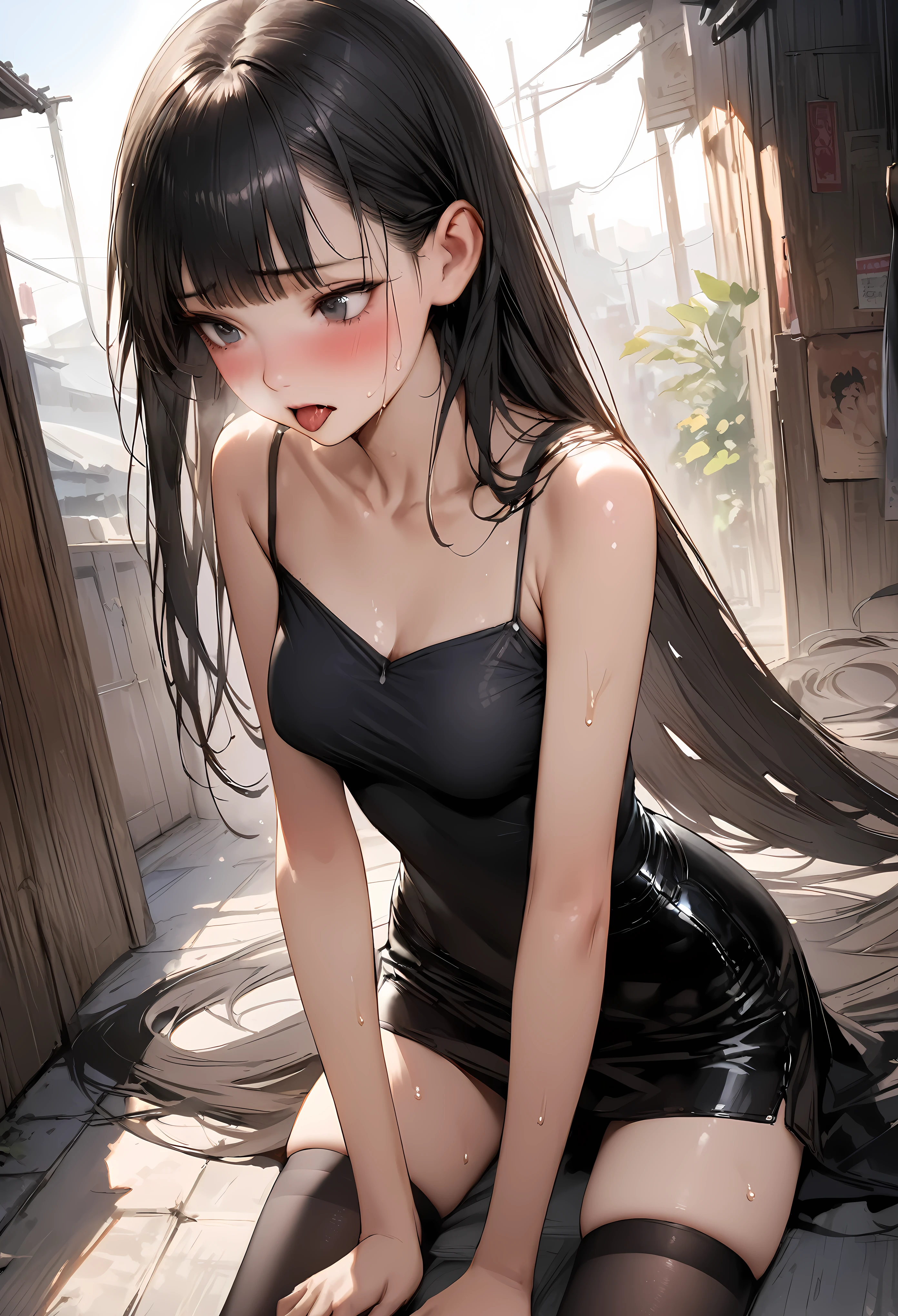 ((masterpiece,Highest quality:1.3,best quality illustration)),realistic,having clothed sex,man on top,cowboy shot,solo,1woman,(18 year old beauty),black hair,long hair,bangs,black eyes,gorgeous big eyes,((very small head:1.3)),shy,tongue,((very long body:1.2,skinny)),medium breasts,(Punk Fashion,Black leather camisole、Black leather tight mini skirt、black_thighhighs),sweat,gleaming skin,toned body,slender body,(vaginal penis),lying,spread legs,Back Alley、World of Blade Runner、nsfw