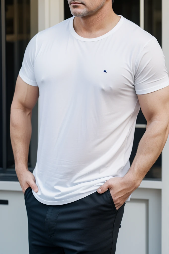 white skinned man, approximately 55 years., Dark short black hair, semi fat with white t-shirt and dark blue pants