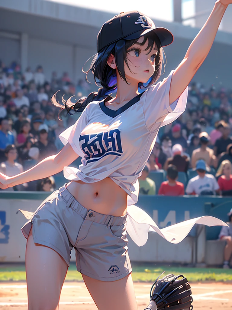 Highest quality、High resolution、Detailed Background、Beautiful Face、High detail、(Perfect Anatomy, Perfect Style)、(Detailed facial expressions)、(fine grain:1.2)、Teenage Beauty、One Girl、Young college 、(wide shoot:1.2, whole body:1.2), (open stance:1.2), (shoot from side:1.2), ((looking away:1.2)), Cute black hair、Big blue eyes、Braided bob cut, During a baseball game on the ground、Stand in the batter's box, Raise your arm holding the bat,(Baseball cap、T-Shirts、Shorts, socks、spike)、(Large Breasts:1.2, Pointed Chest:1.2, High chest:1.2),