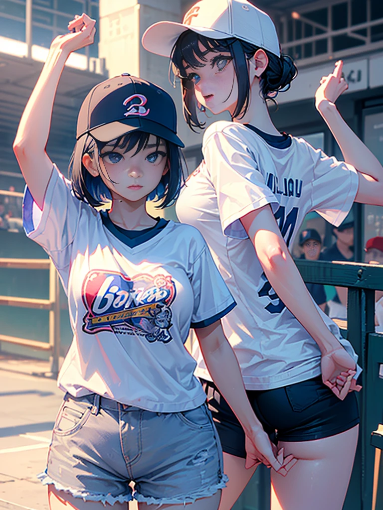 Highest quality、High resolution、Detailed Background、Beautiful Face、High detail、(Perfect Anatomy, Perfect Style)、(Detailed facial expressions)、(fine grain:1.2)、Teenage Beauty、One Girl、Young college 、(wide shoot:1.2, whole body:1.2), (open stance:1.2), (shoot from side:1.2), ((looking away:1.2)), Cute black hair、Big blue eyes、Braided bob cut, During a baseball game on the ground、Stand in the batter's box, Raise your arm holding the bat,(Baseball cap、T-Shirts、Shorts, socks、spike)、(Large Breasts:1.2, Pointed Chest:1.2, High chest:1.2),