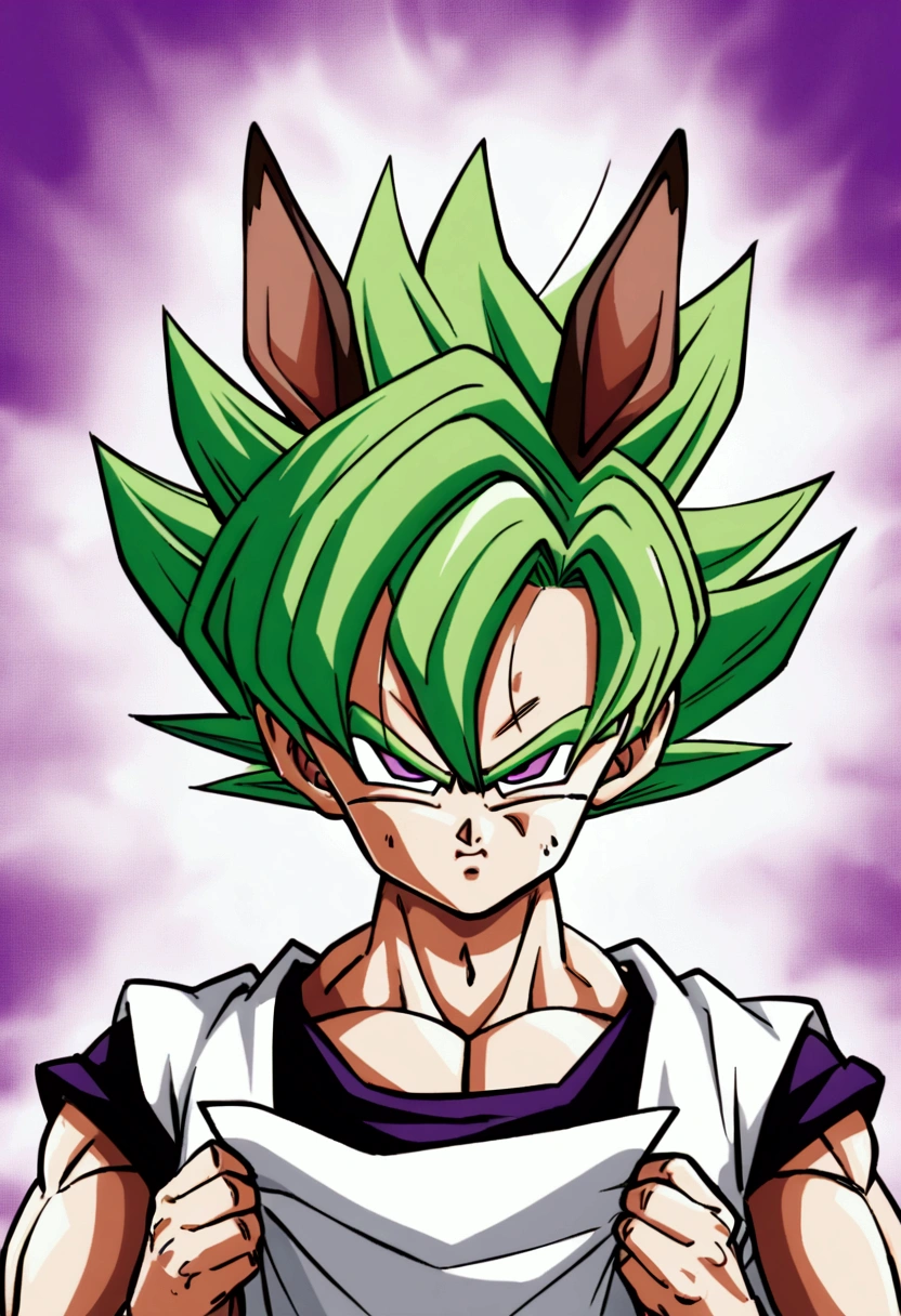 An image of a boy with green hair, purple eyes and donkey ears with a confused and frustrated expression holding a paper in the style of Akira Toryama and Dragon Ball 