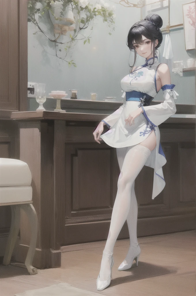 Masterpiece, best, 1 female, blue clothes, blue cheongsam, full body photo, ancient Chinese style, white cloth bun bun, black hair, shoulders, big breasts, slender legs, smile, white pantyhose, pantyhose lace side, white underwear, pale pink lips, embroidered dress
