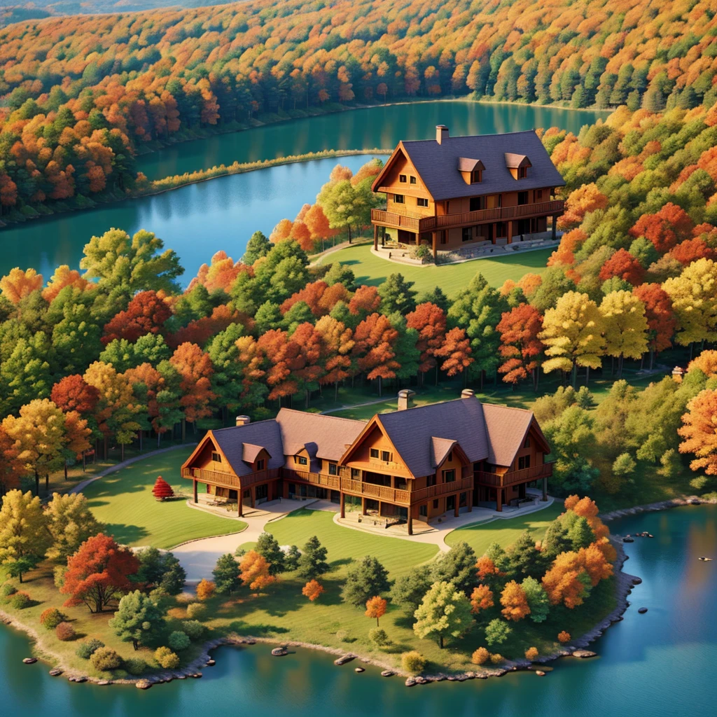 autumn season, in forest a beautiful resort, a loge cabin house , in front of beautiful lake, beautiful hills, fall foliage. aerial view please