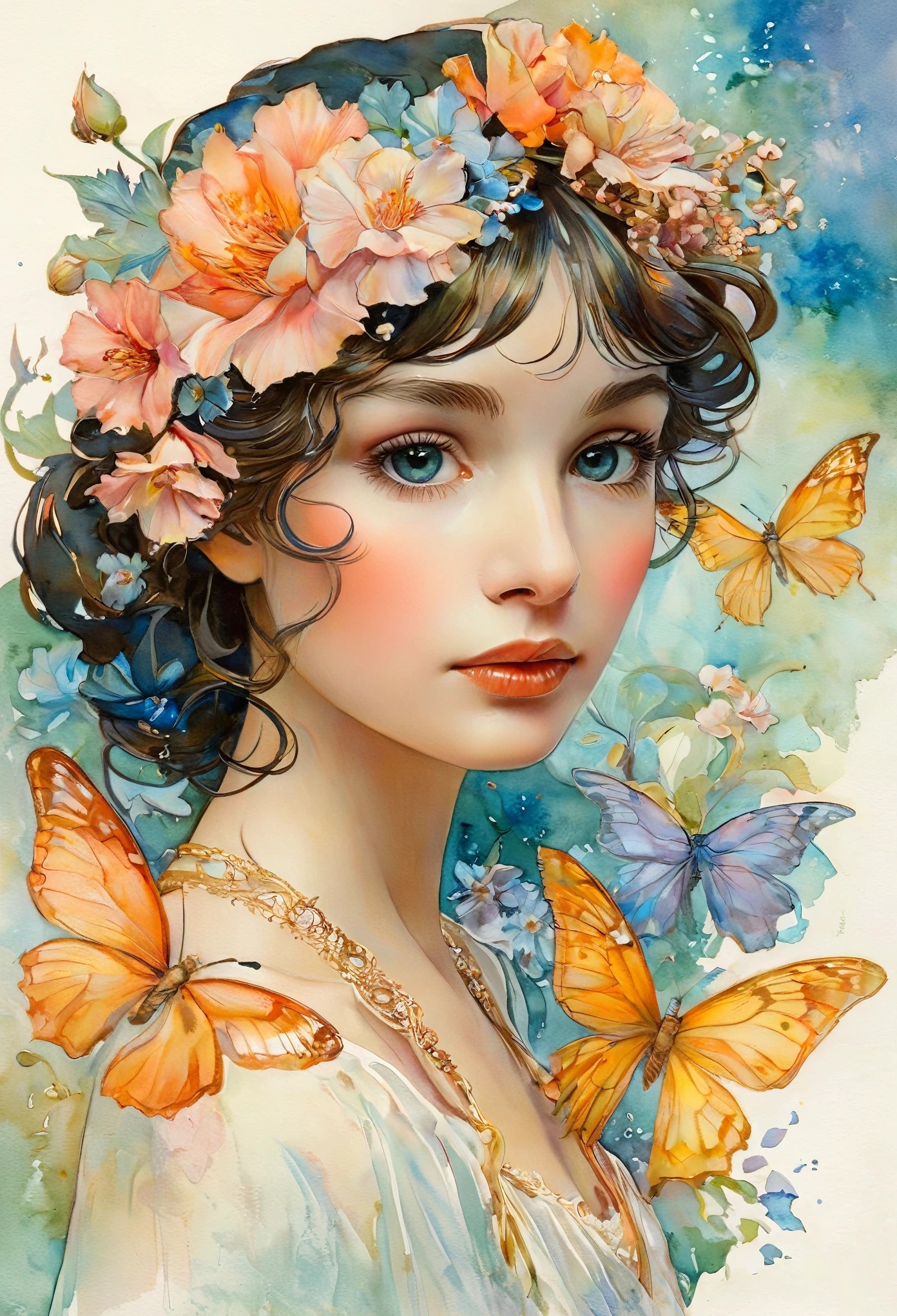 Depicts a beautiful woman with flowers in her hair, (Audrey Hepburn:1.0), Highly detailed watercolor painting, The style of Alfons Maria Mucha and Gustav Kirmut, Art Nouveau accents, Fairy Princess, Anthropomorphic woman, Female figure, Detailed cover artwork, As the Flower Goddess, Alphonse Mucha, Gustav Klimt, Pale skin, Marble sculpture, society, Gothic art, Art Nouveau, Behance Contest Winner