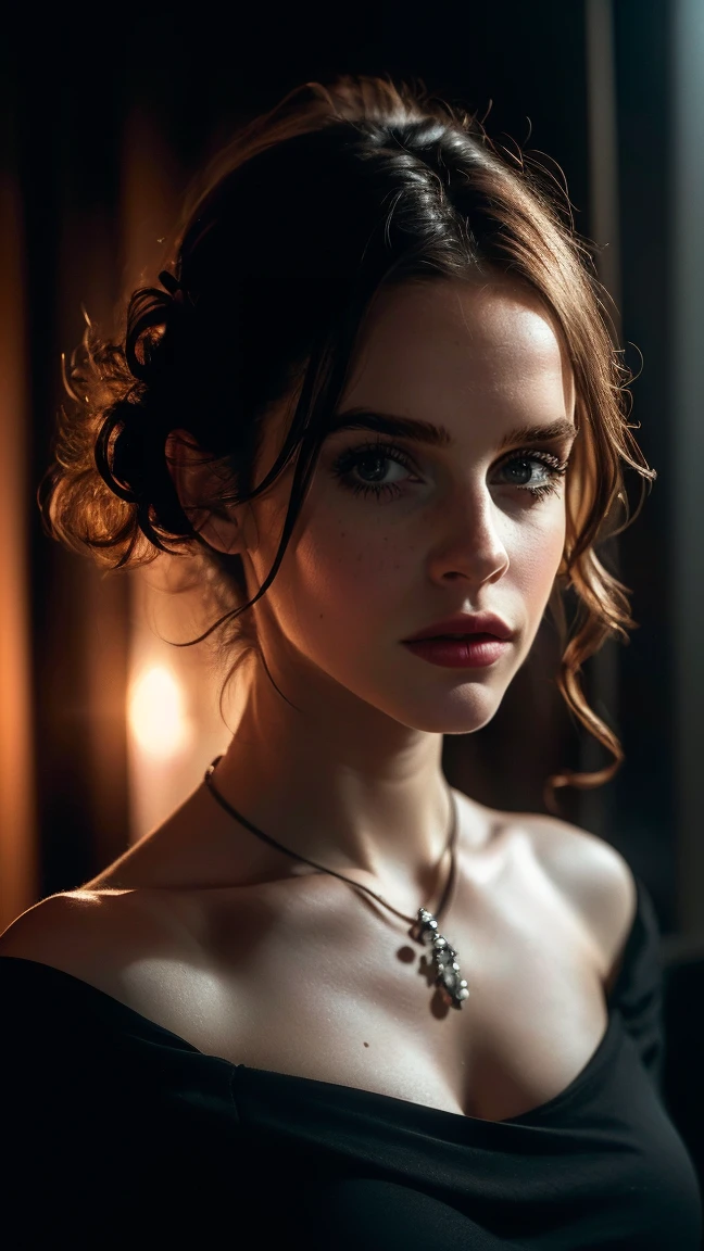 Emma Watson, (((surreal))) photo, masterpiece, top quality, (pale skin), (Super detailed face and eyes:1.3), 1 girl, aldult, Wearing a black T-shirt, A necklace hangs from the chest, necklace cleavage, (eye makeup, black mascara) , ((Large, delicate lips)), ((dark curly hair)), ((Chiolca)) , (natural breasts), ((pose)), photo shooting, (Side light), (The game of light and shadow), depth of field, bokeh, (Special attention to skin details: 1.2), detailed leather texture, skin pores. (frame dark atmosphere. Color range - black, tangerine, Red, tune), Dlm grain), (Rays), ((glare)), ((portrait, close to camera)) , Super detailed,