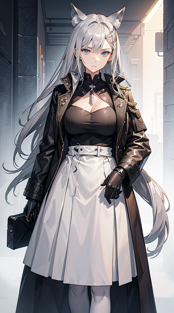 (best quality, realistic), 1girl, silver hair, jacket, wolf ears, coat, military uniform, original, blue eyes, standing, looking at viewer, serious expression, large breasts, long hair