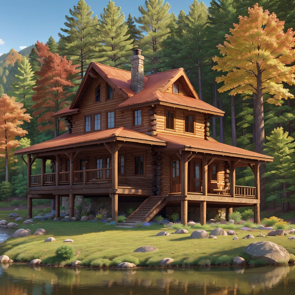 a beautiful autumn forest, a cozy log cabin house by a serene lake, surrounded by rolling hills and vibrant fall foliage, aerial view, (best quality,4k,8k,highres,masterpiece:1.2),ultra-detailed,(realistic,photorealistic,photo-realistic:1.37),landscape,dramatic lighting,vivid colors,stunning scenery,breathtaking view,peaceful atmosphere,autumnal colors,tranquil lake,rustic architecture,wooden cabin,outdoor adventure,panoramic perspective