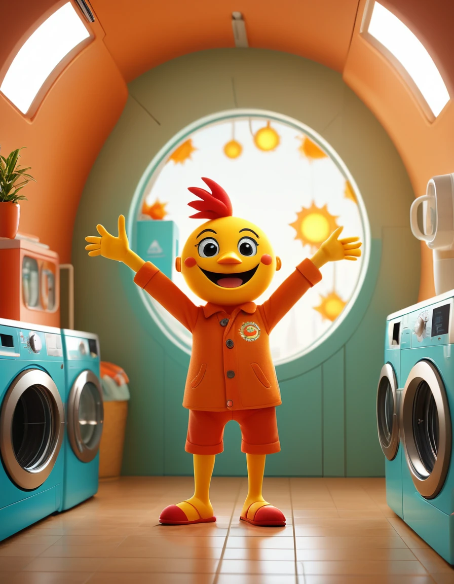(design of character),Sun with enthusiasm and joy while standing in front of a washing machine, anthropomorphic sun, Mattresses are chickens, smiling, big shiny eyes, Fantastic,Eccentric,similar to a fairy tale, super detailing, pixel style, vibrant with colors, soft natural light, solid color backdrop, 5-octane rendering, a gorgeous, Ultra Wide Angle, 8k, high realism, 8k