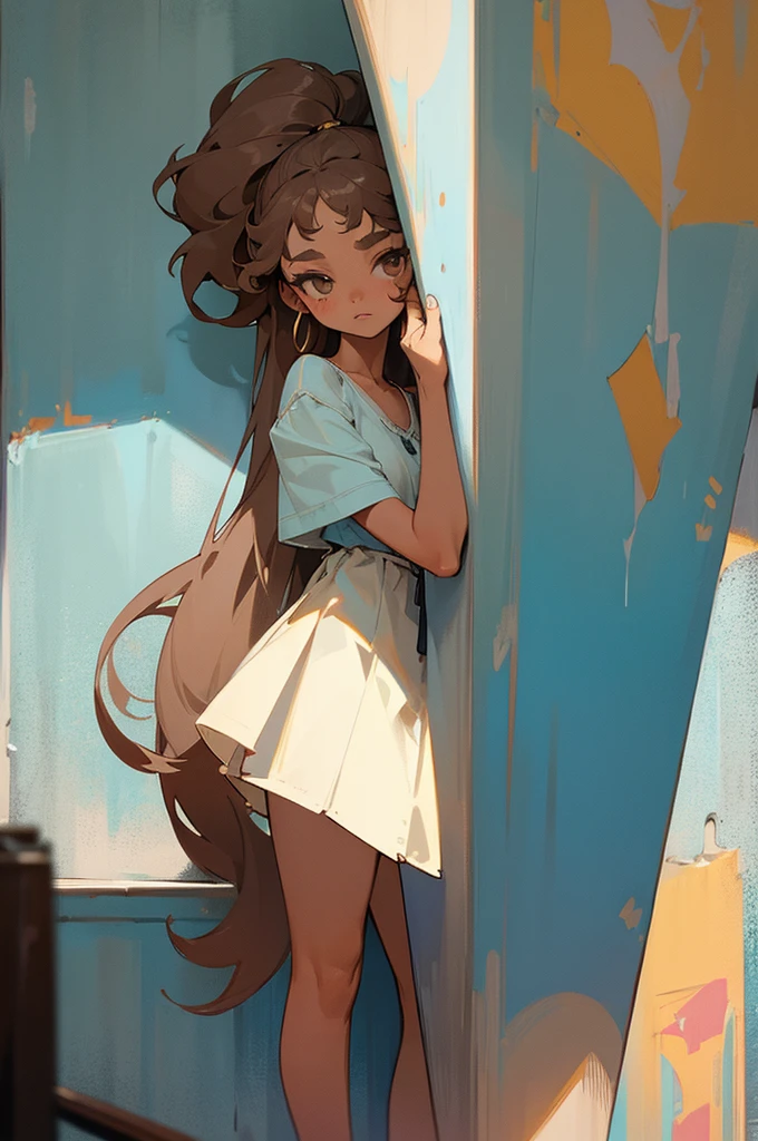 (masterpiece, best quality) detailed, 1Character, blue archive art style, pastel washed out colors, cell shade, soft, muted shades, gentle colors, Fashion ad, urban environment, big city, bohemian style clothing, often splattered with paint, cute girl, short height, 5'2", brown hair, very long hair, curly hair, hazel eyes that sparkle with creativity, tanned skin, skinny, delicate, feminine, age 16, high schooler, painter