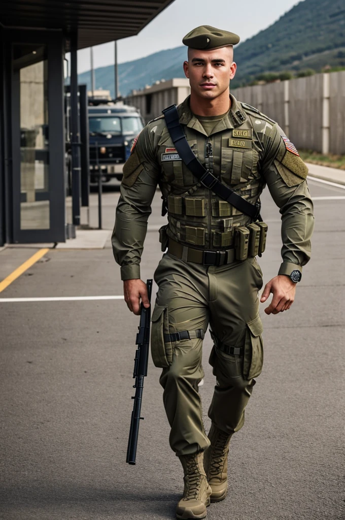 Muscular full body military man