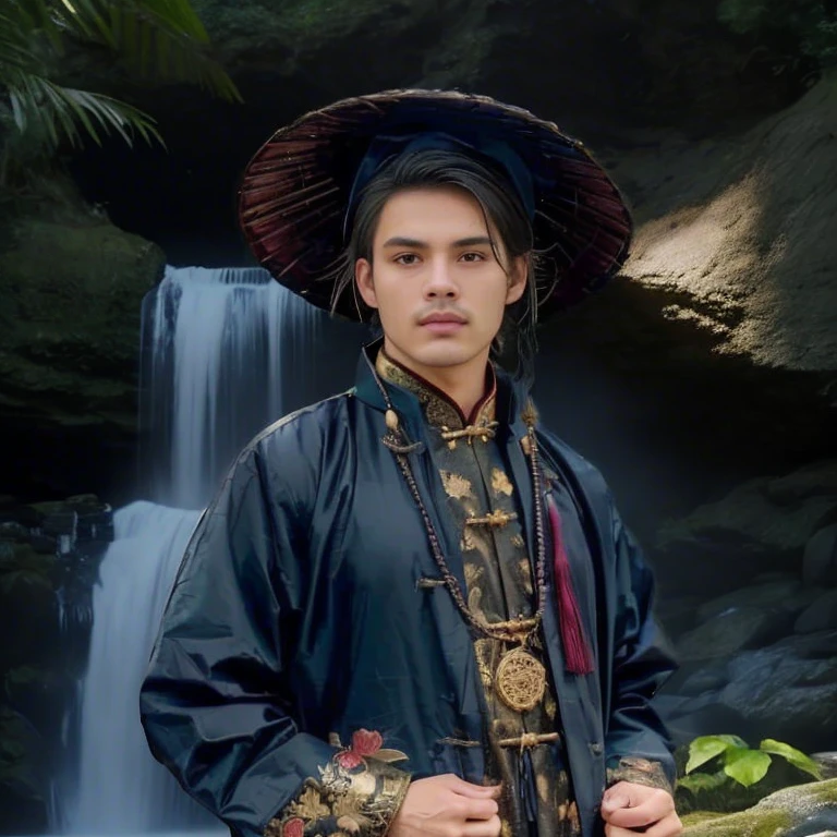 Haraf man, a Southeast Asian man with a round face., Mohawk hair, The face is bright and shiny., Double eyelids, Big eyes, black eyes, has exceptionally black hair, pitch black, In the background is a large waterfall., The evening sun shines beautifully., David Marquez, Andrew Gonzalez, A thin man with light tan skin., inspired By Robbie Trevino, Headshot profile picture, inspired By Adam Dario Kiel, Christian Orrillo, Daniel Mirante, By Adam Dario Kiel, By Robbie Trevino, Rick Dai, Joel Torres, with mountains as the background