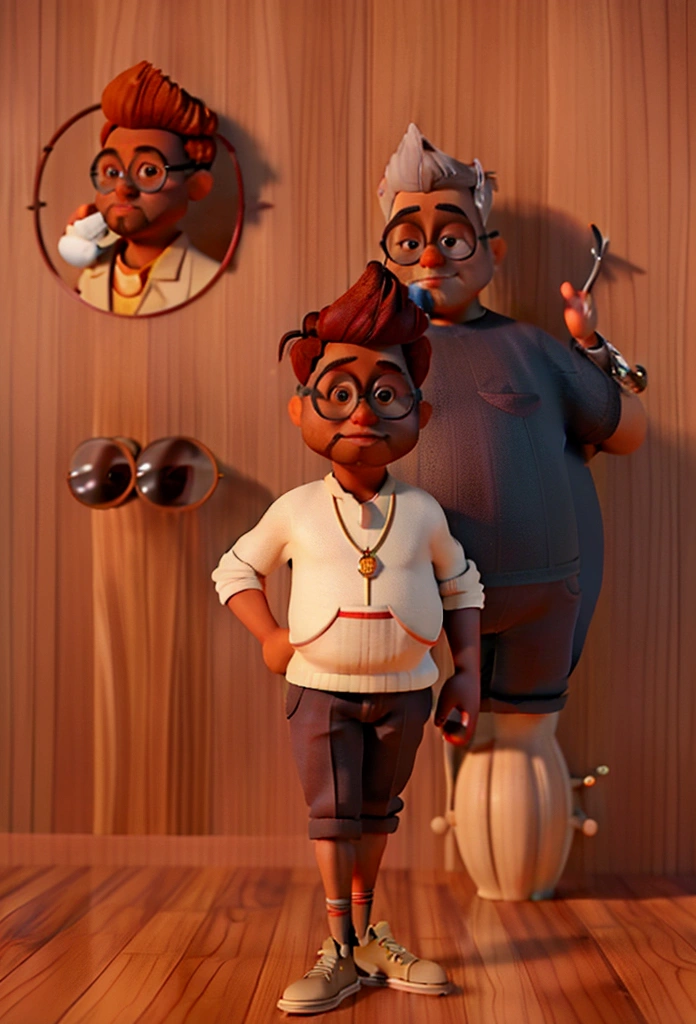 Create a majestic 3D rendering of a professor of African descent with short hair and a beard in his 30s, wearing aviator glasses .The teacher must be of average build, balanced between slender and chubby. no pissing style