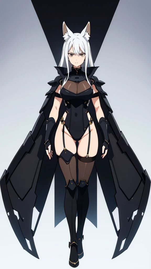 1girl ,solo,20s,mature female,serious face,white hair,long hair,fox ears,(simple background),thighhighs, see-through, black leotard, armor, black thighhighs, gloves