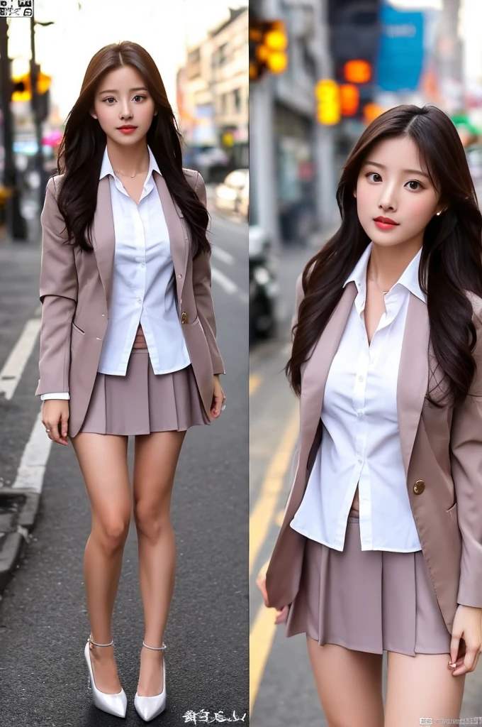 a 16 year old girl, she is the most beautiful actress in the world, the perfect body proportions of this girl, the blazer is formally buttoned up on the waist area between shirt and short skirt, the skin of her upper body with it's large breasts are covered 100% by the shirt that's covered by the blazer, the panties between her bare legs are seen just 1cm because the skirt is too short to cover her crotch, it's only one description of one body, it's from right above her head to right above her feet are just within this frame, all her body is looking forward to viewer, she is standing at the city street, nsfw, best quality, highly detailed, masterpiece, ultra high res, photo realistic, 8k, RAW photo