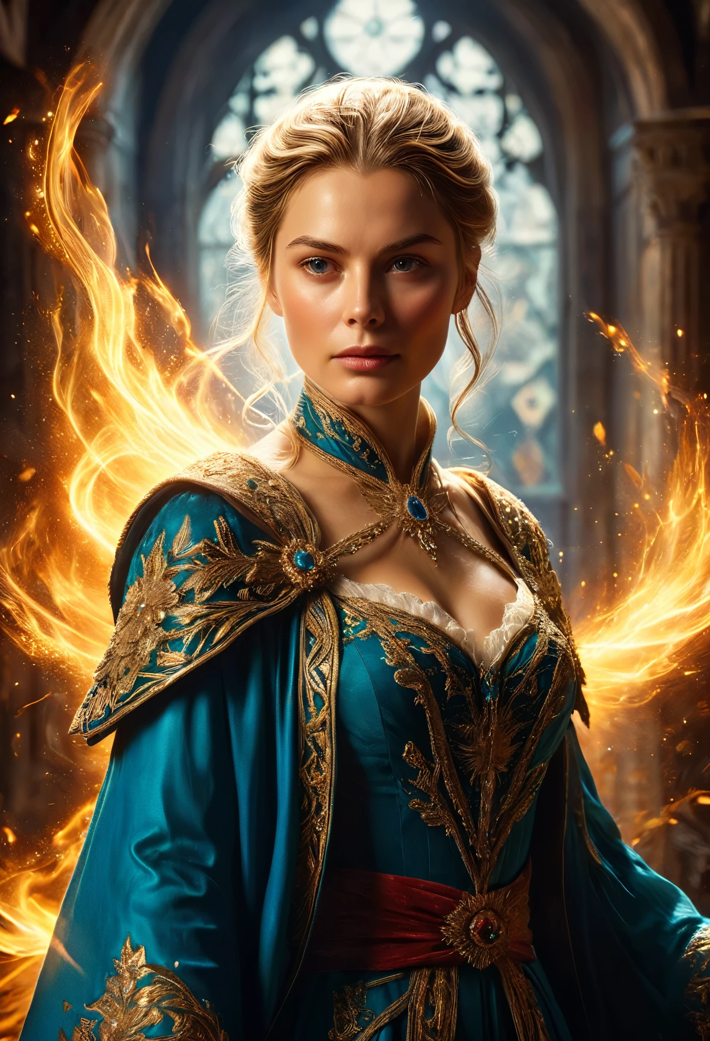 A handsome woman wearing a mage's robe, detailed portrait of Ingrid Bergman as an Icemancer, fantasy art by Seb McKinnon, intricate magical details, trending on ArtStation, magical environment, cinematic lighting, rich saturated colors, dramatic pose