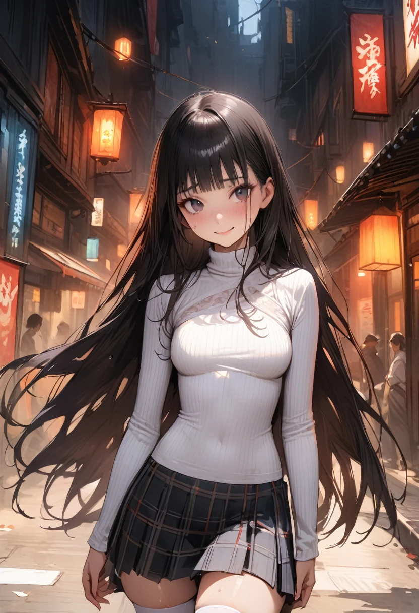 ((masterpiece,Highest quality:1.3,best quality illustration)),realistic,cowboy shot,独奏,1woman,(18 year old beauty),black hair,long hair,bangs,black eyes,gorgeous big eyes,((very small head:1.3)),shy,smile,((very long body:1.2,skinny)),medium breasts,(turtleneck、Long sleeve white knit top、Grey checked mini skirt、white_thighhighs),sweat,gleaming skin,toned body,slender body,standing,World of Blade Runner、